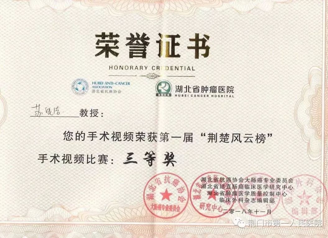 苏纯洁荣获“荆楚风云榜”微创手术视频比赛专场斩获三等奖